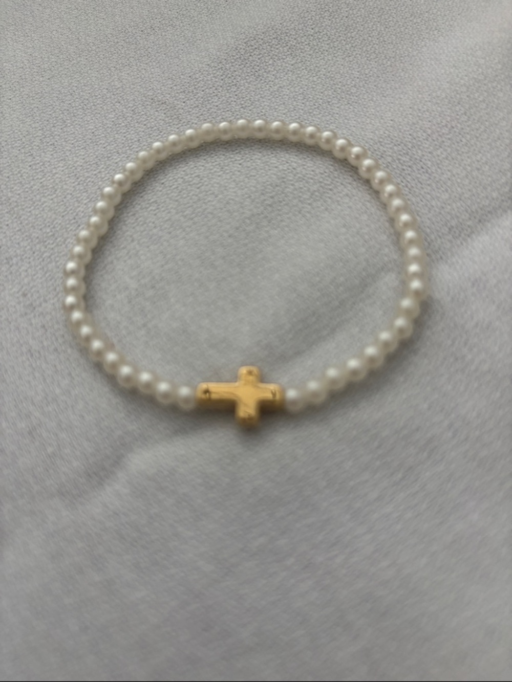 Gold Cross and White Pearl Stretch Bracelet - Women Jewelry